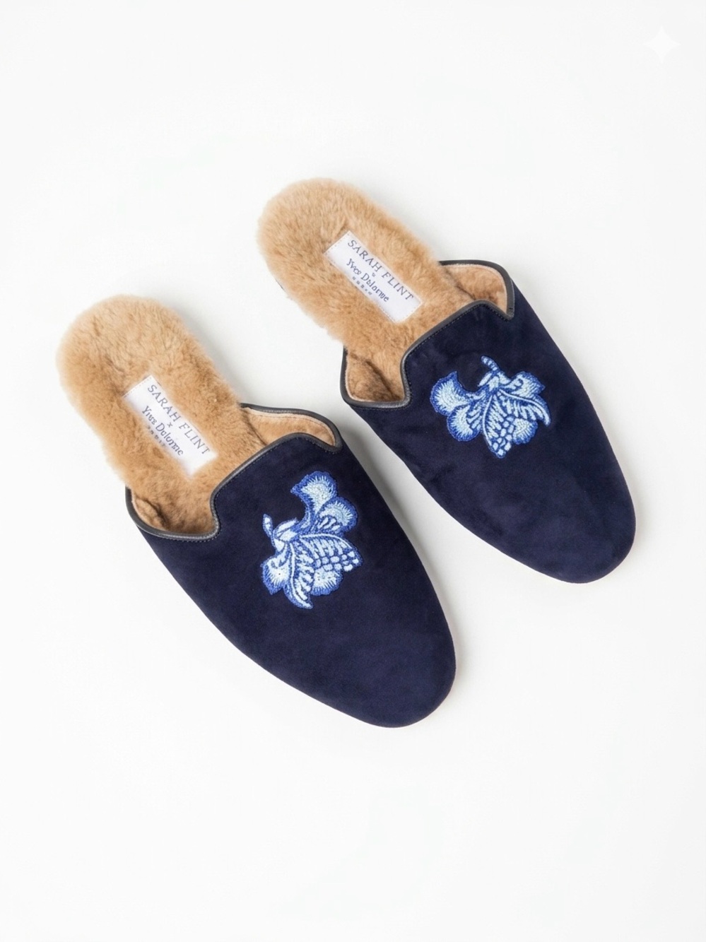 Sarah Flint X Yves Delorme House Slide Navy Blue Embroidered EU 37 US 7 Slippers